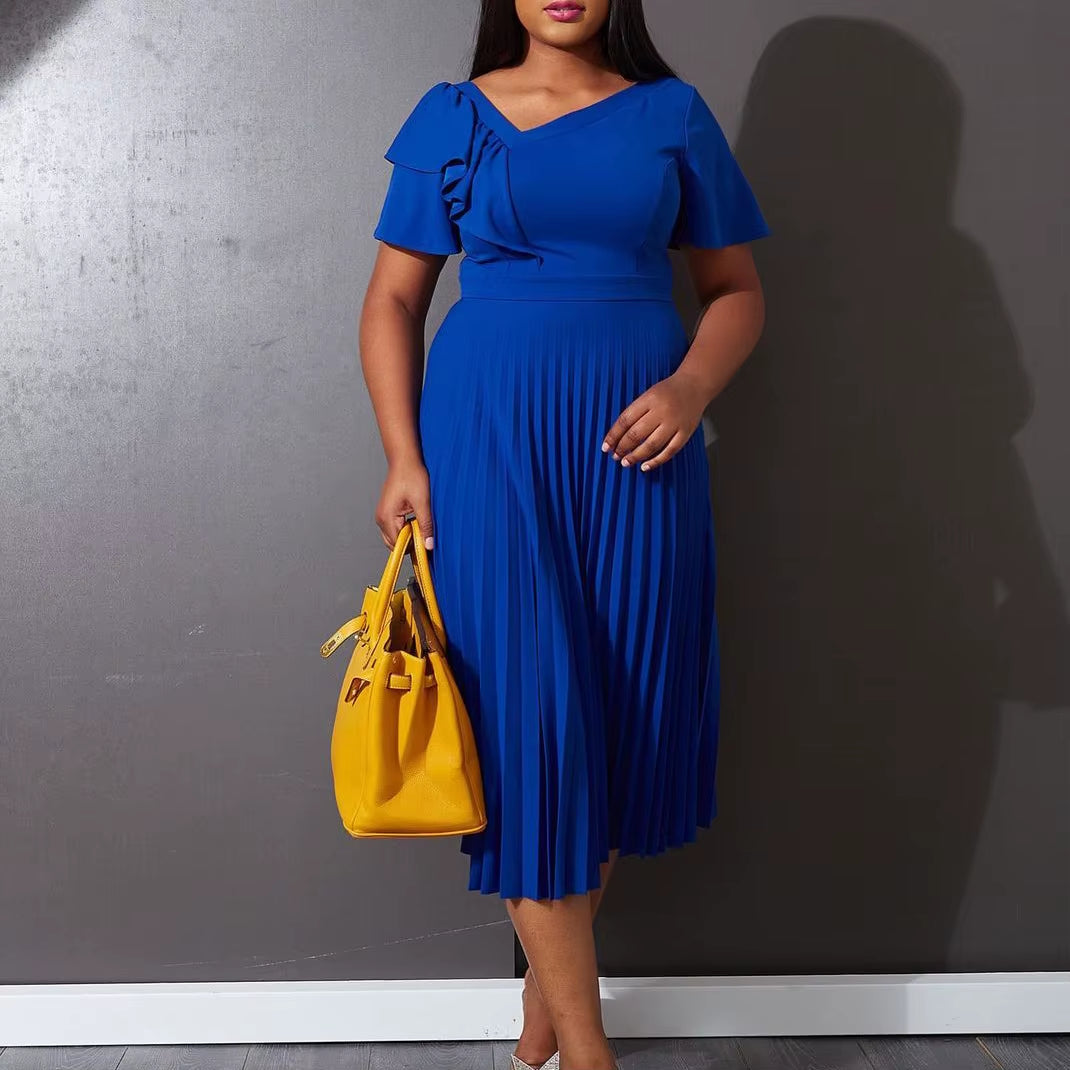 Women Pleated Midi Dresses Short Sleeve Ruffles Elegant a Line Spring Summer Chic Fashion Gown Party Birthday Robes Maxi Dress