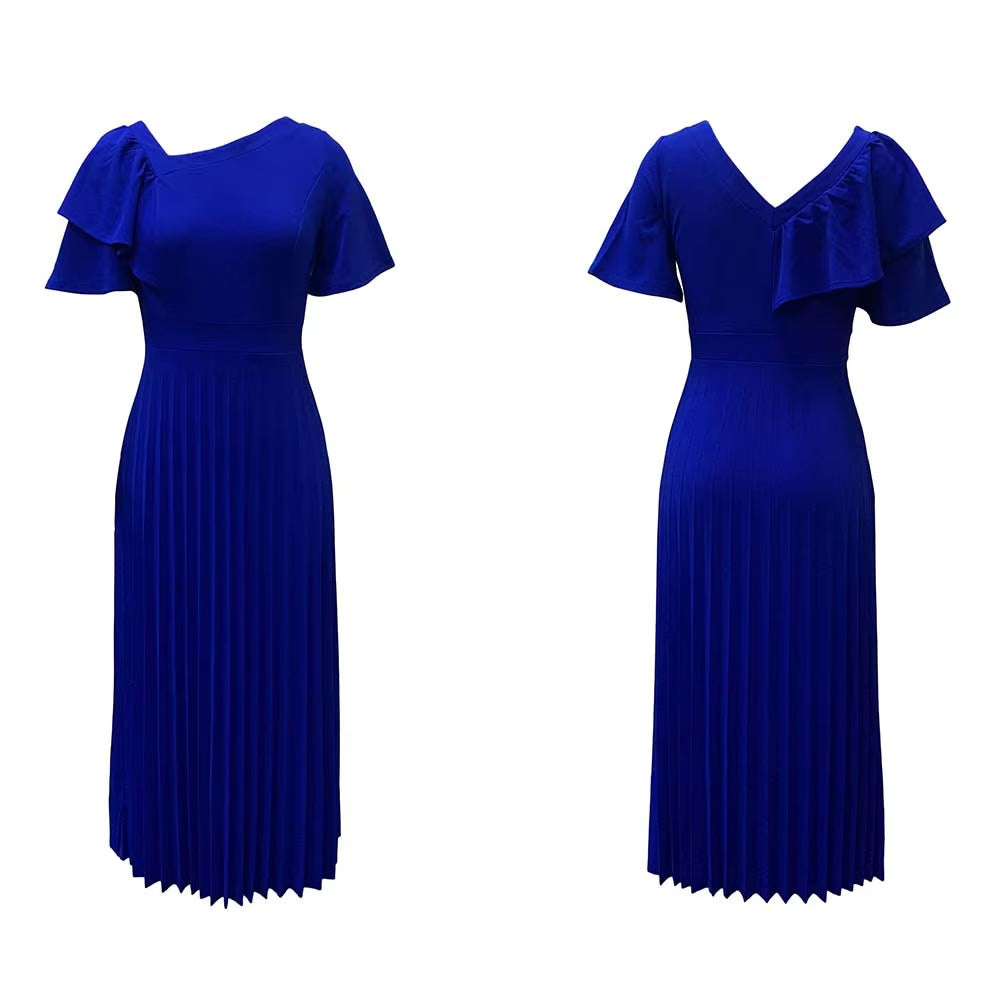 Women Pleated Midi Dresses Short Sleeve Ruffles Elegant a Line Spring Summer Chic Fashion Gown Party Birthday Robes Maxi Dress