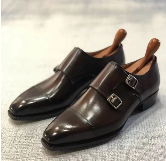 Men'S Brown Cowhide Flat Soled Formal Leather Shoes Trendy Double Button Square Toe Banquet Leather Business Oxford Shoes