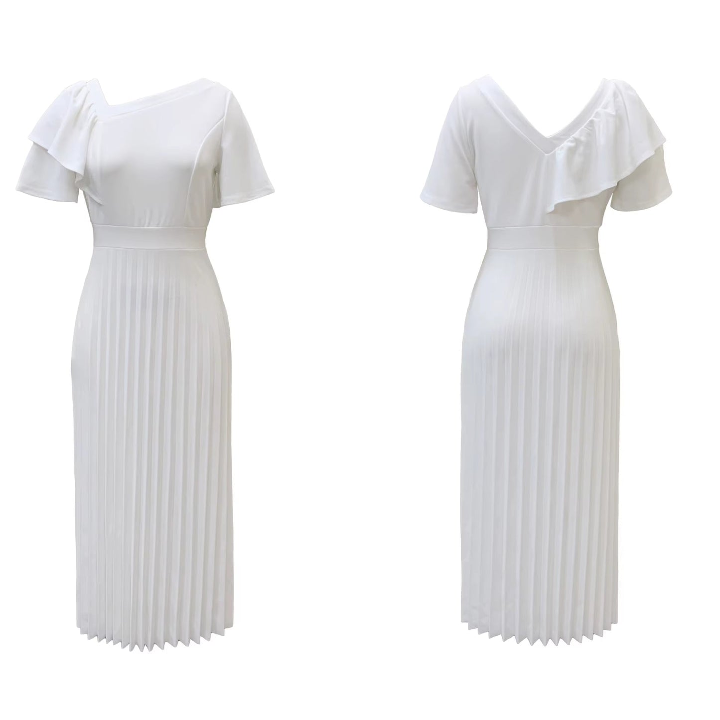 Women Pleated Midi Dresses Short Sleeve Ruffles Elegant a Line Spring Summer Chic Fashion Gown Party Birthday Robes Maxi Dress