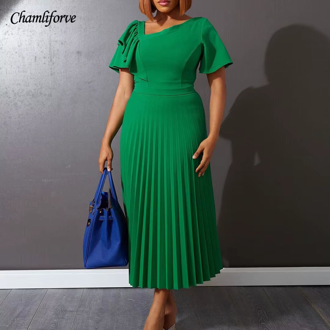 Women Pleated Midi Dresses Short Sleeve Ruffles Elegant a Line Spring Summer Chic Fashion Gown Party Birthday Robes Maxi Dress