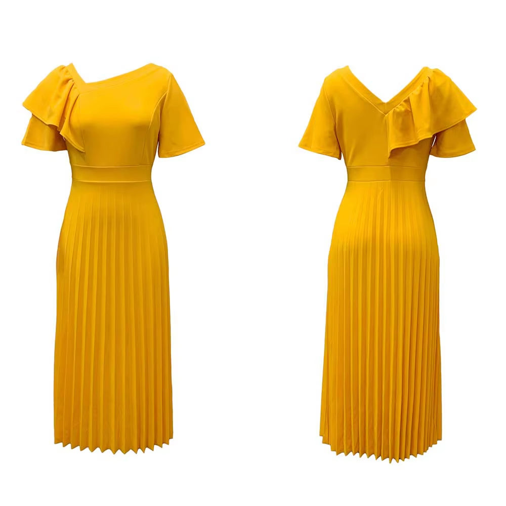 Women Pleated Midi Dresses Short Sleeve Ruffles Elegant a Line Spring Summer Chic Fashion Gown Party Birthday Robes Maxi Dress