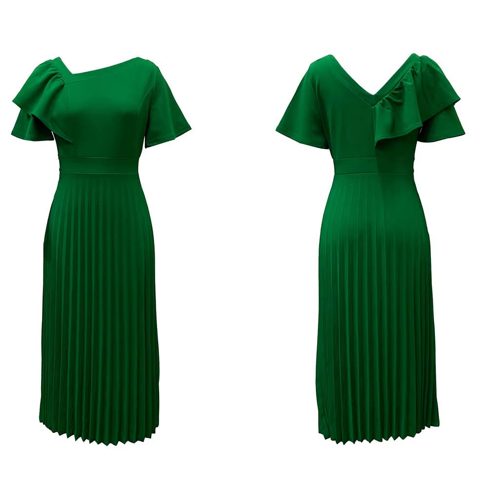 Women Pleated Midi Dresses Short Sleeve Ruffles Elegant a Line Spring Summer Chic Fashion Gown Party Birthday Robes Maxi Dress