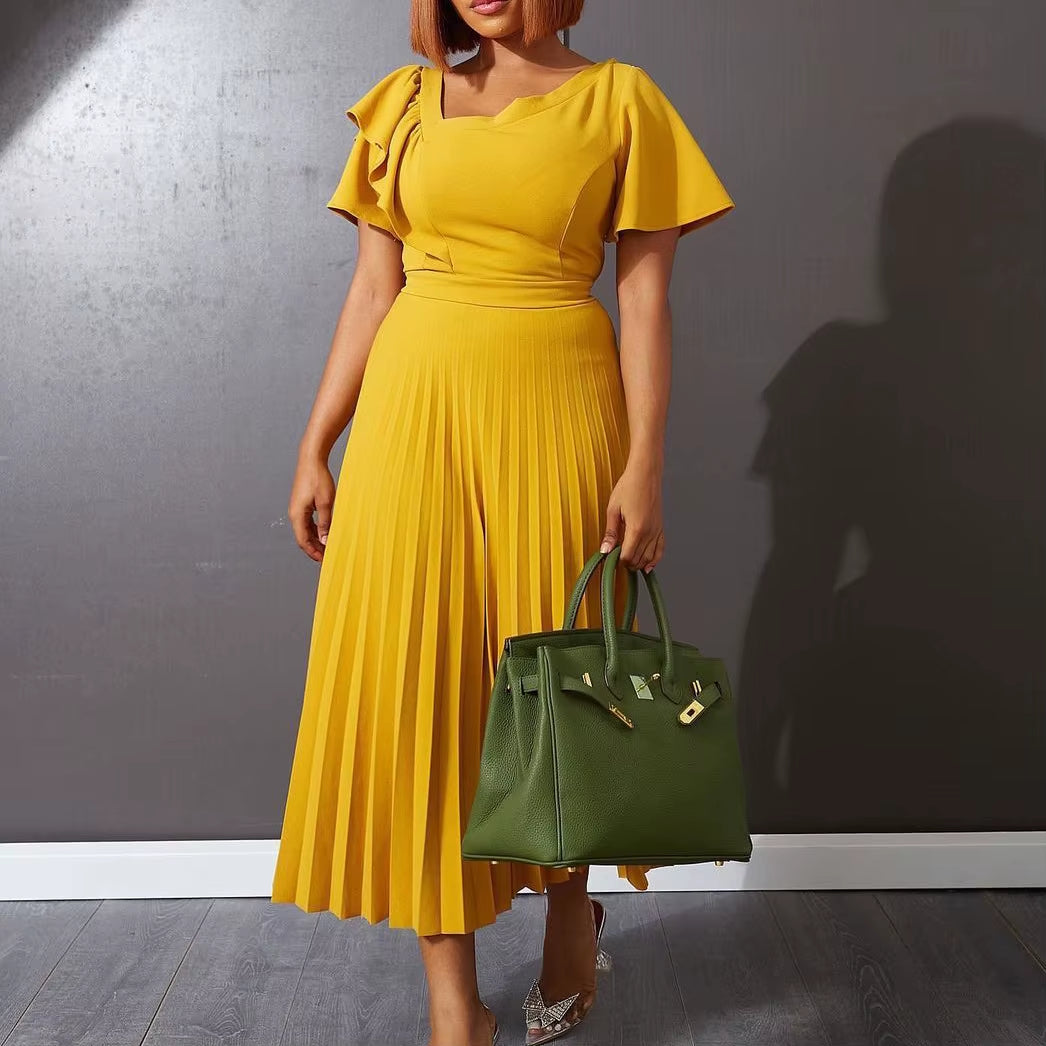 Women Pleated Midi Dresses Short Sleeve Ruffles Elegant a Line Spring Summer Chic Fashion Gown Party Birthday Robes Maxi Dress