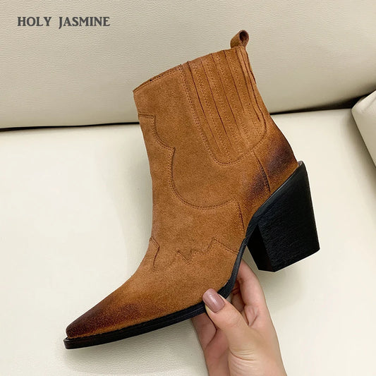Leather Boots Women Genuine Pointed Toe Mid Heel Ankle Boots Thick Square Heel Slip On Western Boots Cowboy Boots Women 2025 New