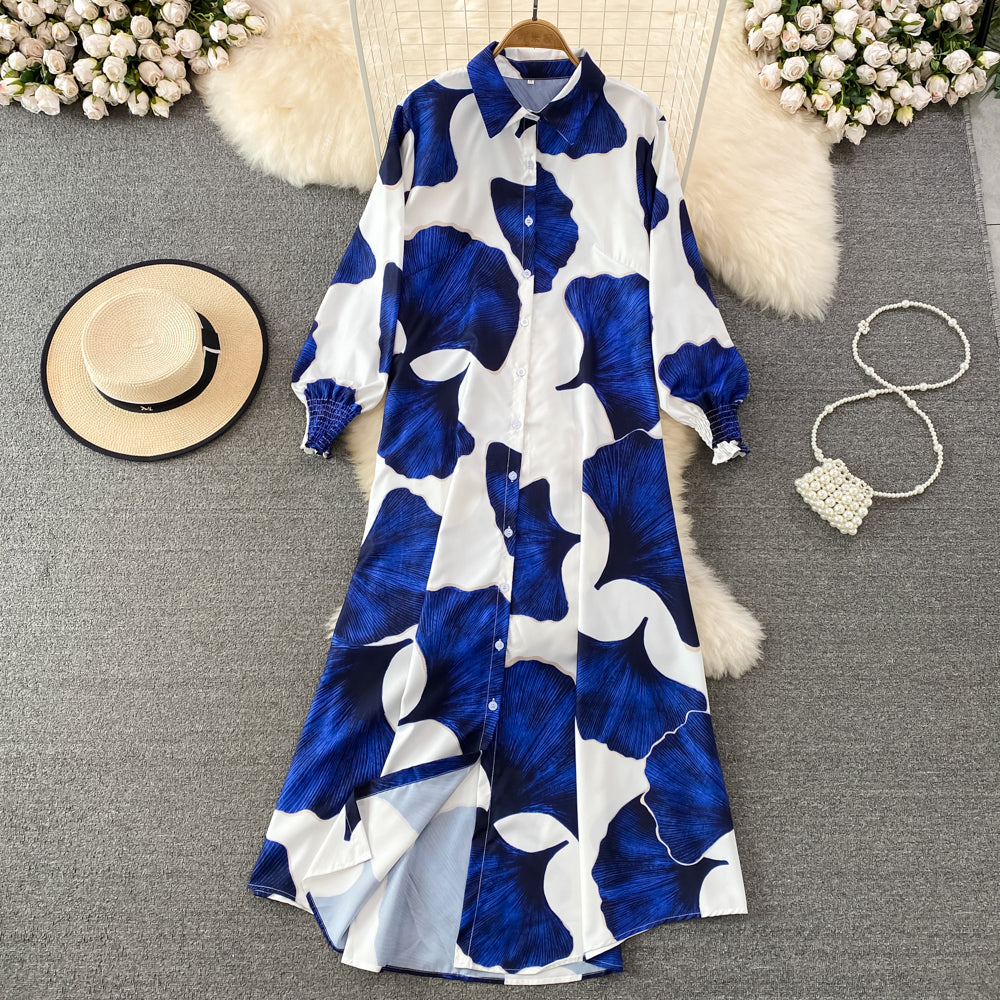 New Arrival Fashion Lantern Sleeve Temperament-Shaping Color Shirt Dress