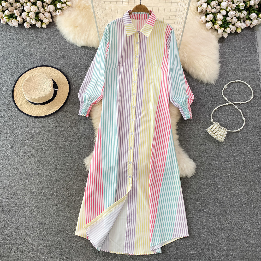 New Arrival Fashion Lantern Sleeve Temperament-Shaping Color Shirt Dress