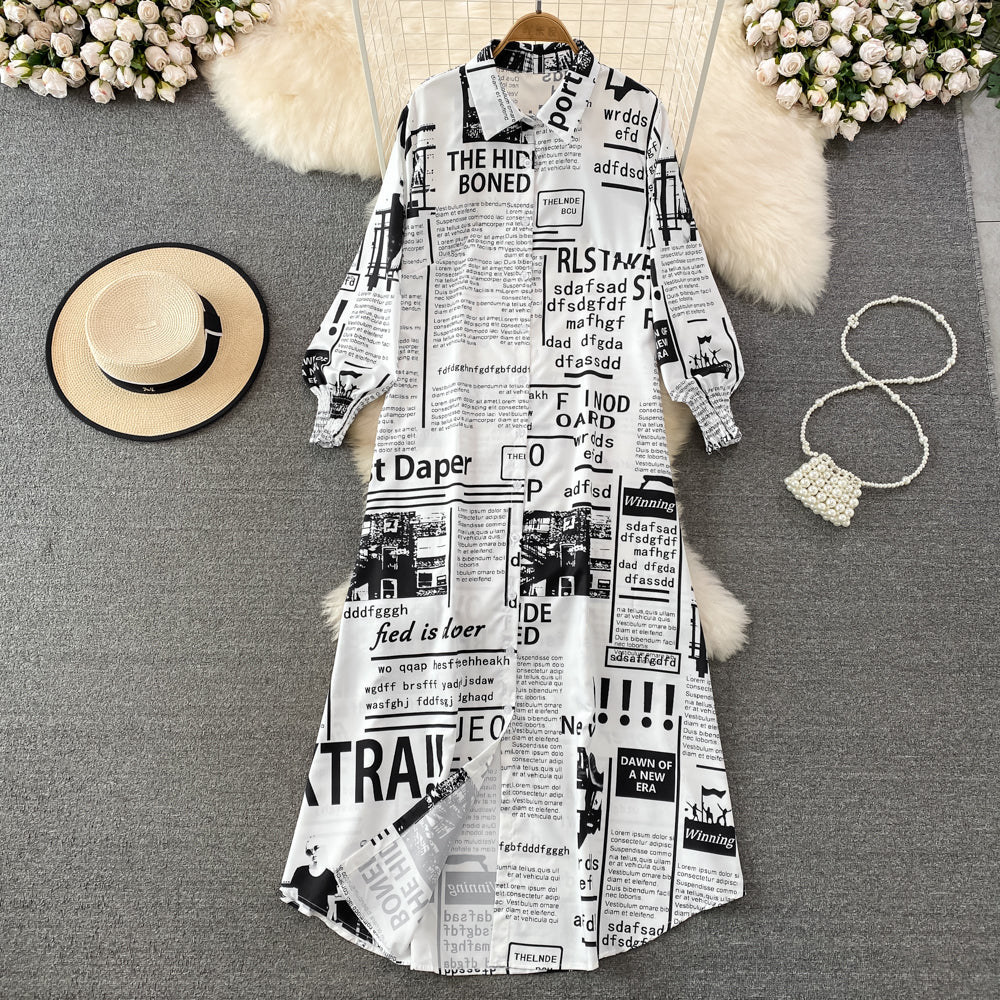 New Arrival Fashion Lantern Sleeve Temperament-Shaping Color Shirt Dress