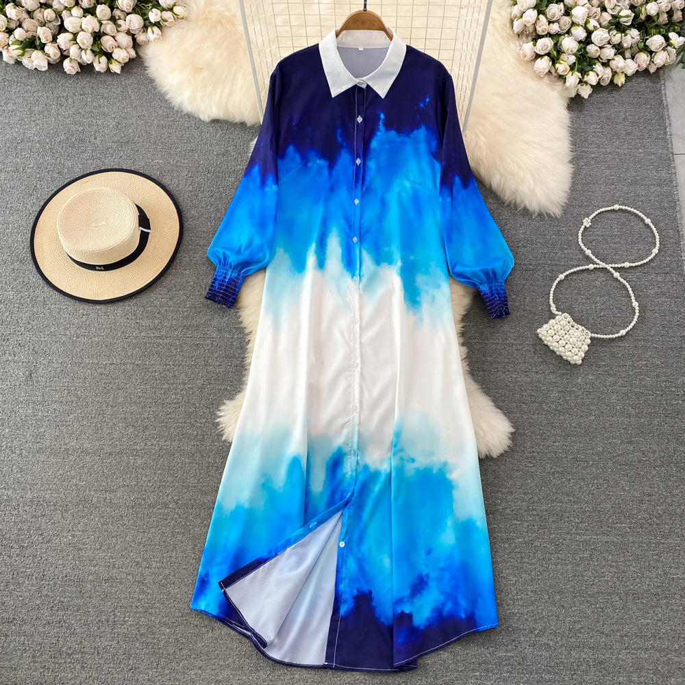 New Arrival Fashion Lantern Sleeve Temperament-Shaping Color Shirt Dress