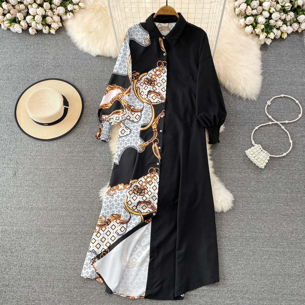New Arrival Fashion Lantern Sleeve Temperament-Shaping Color Shirt Dress