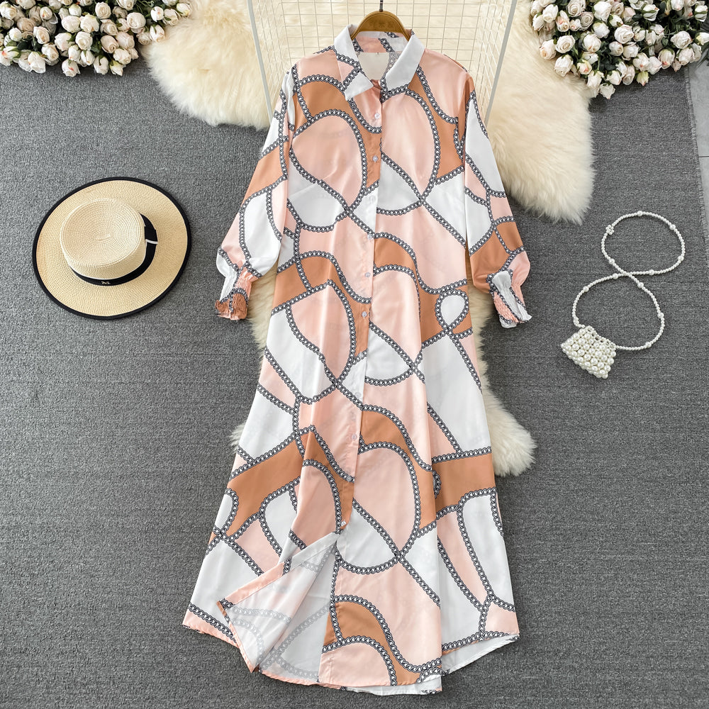 New Arrival Fashion Lantern Sleeve Temperament-Shaping Color Shirt Dress