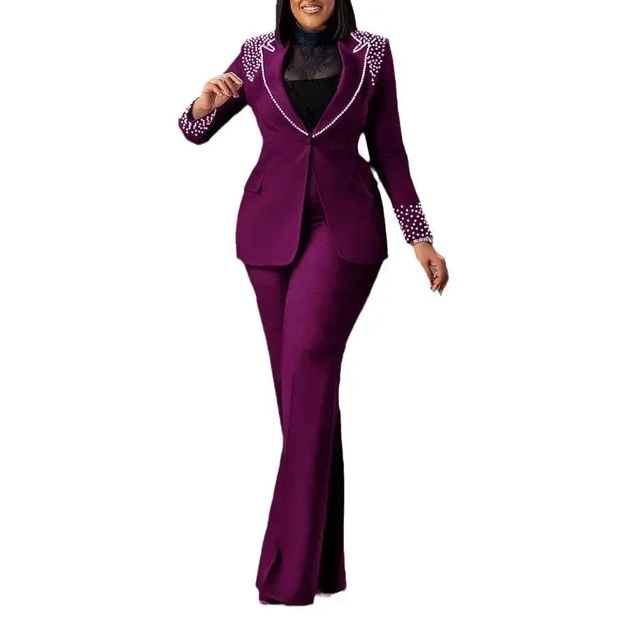 Pearl Splicing Women'S Set Long Sleeve Blazer and Wide Leg Pants Suit 2 Piece Set Outfit