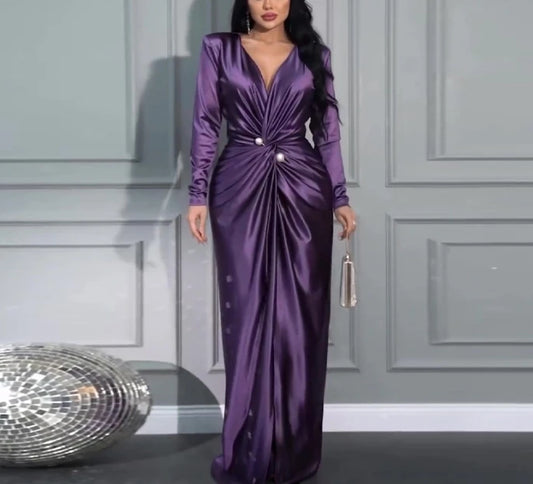 mature style V-neck fashionable elegant pleated waist long sleeved evening dress long skirt