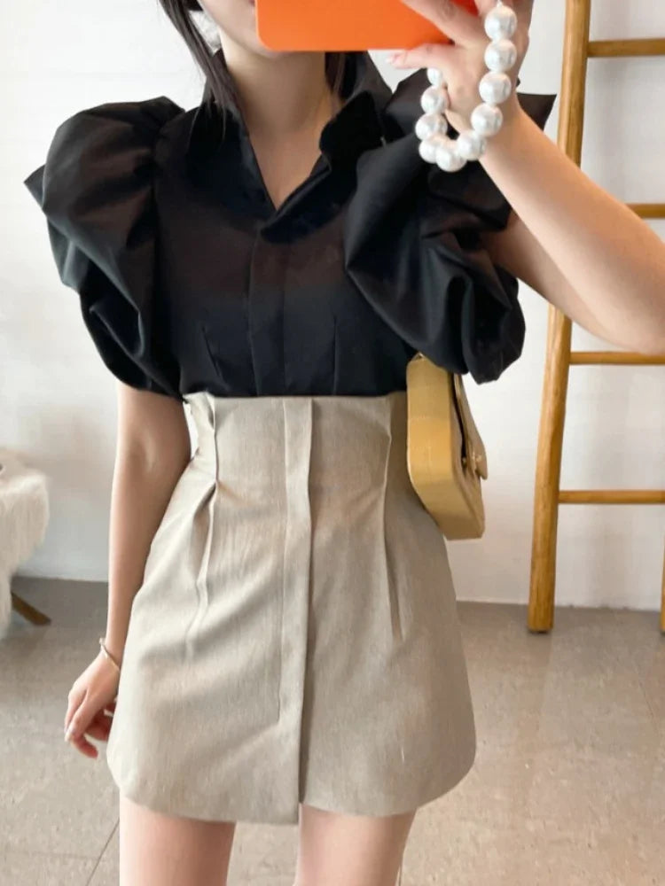 Puff Sleeve Elegant Shirt White Black All Match Blouse Turn Down Collar Office Ladies Blusa Female Casual Tops