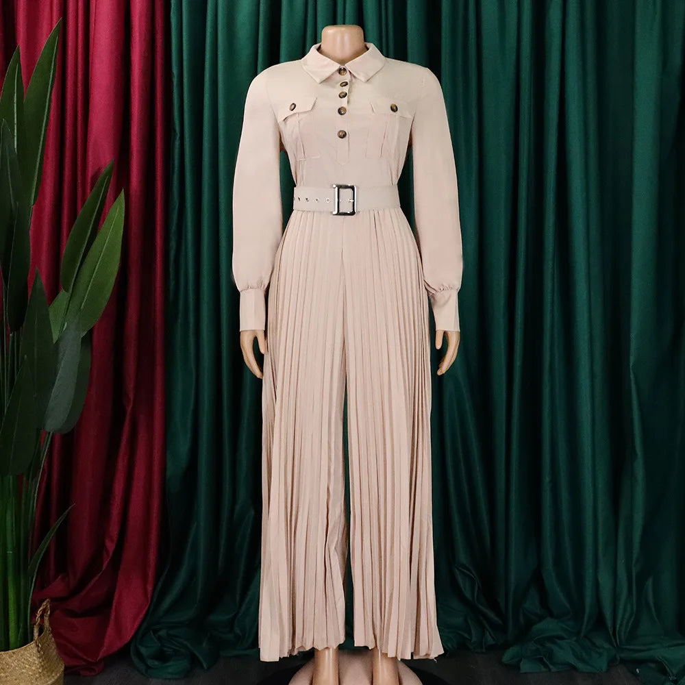 Luxury Pleated Jumpsuits for Women Turn Down Collar Single Breasted Full Sleeve Belt Waisted Floor Length Elegant Party Outfits