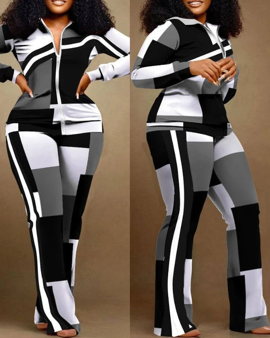 Two Piece Set Women Outfit Autumn Fashion Geometric Print Stand Collar Long Sleeve Zip Up Top & Casual Sporty Pants Set