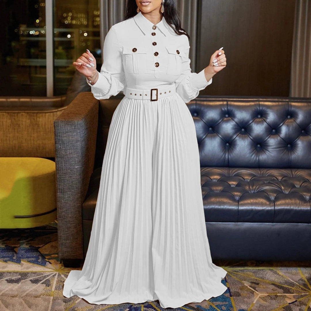 Luxury Pleated Jumpsuits for Women Turn Down Collar Single Breasted Full Sleeve Belt Waisted Floor Length Elegant Party Outfits
