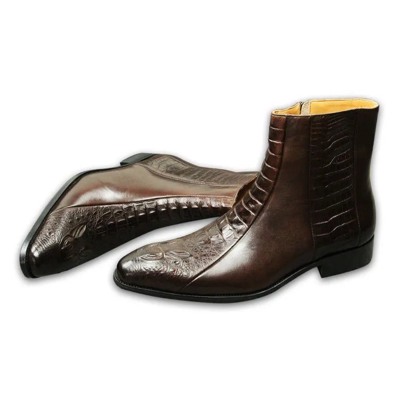 Elegant Mens Dress Boots Handmade Genuine Cow Leather Crocodile Skin Printing Zipper Luxury Design Autumn Casual Shoes for Men
