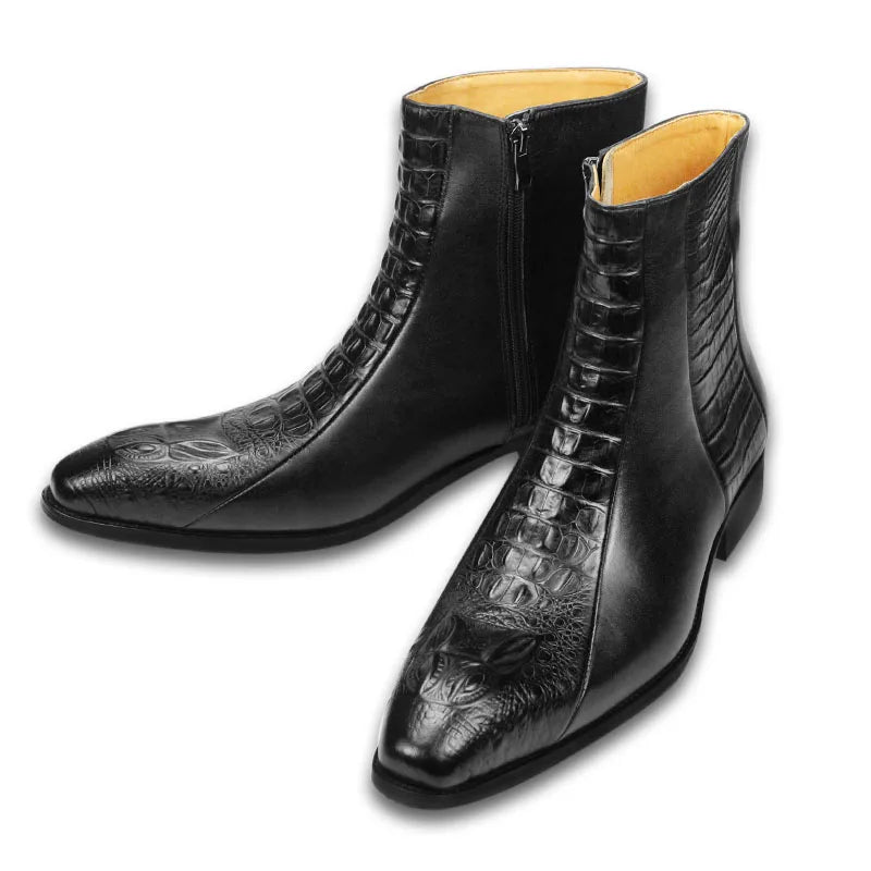 Elegant Mens Dress Boots Handmade Genuine Cow Leather Crocodile Skin Printing Zipper Luxury Design Autumn Casual Shoes for Men