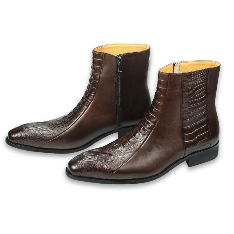 Elegant Mens Dress Boots Handmade Genuine Cow Leather Crocodile Skin Printing Zipper Luxury Design Autumn Casual Shoes for Men