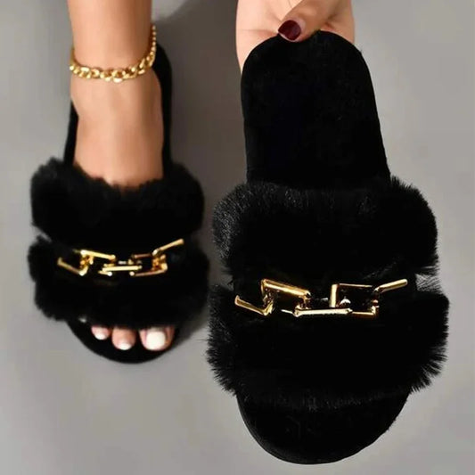 Fashion Chain Design Women Home Slippers Solid Color Open Toe Indoor Winter Flat Non-slip Leisure Interior Female Shoes