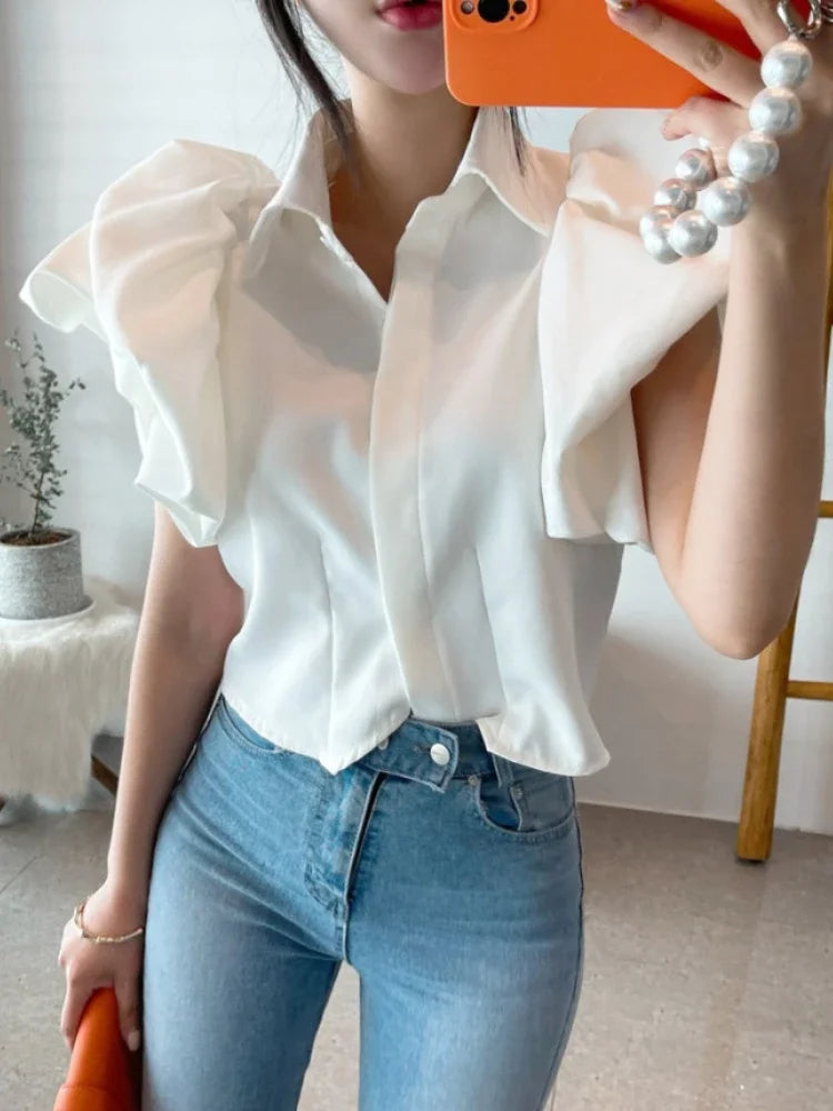 Puff Sleeve Elegant Shirt White Black All Match Blouse Turn Down Collar Office Ladies Blusa Female Casual Tops