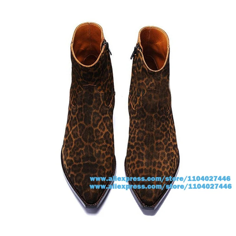 Men'S Leopard Print Chelsea Boots Pointed Suede Booties Men Classic Designer Men'S Boots Luxury Brand Handmade Men Shoes Botas