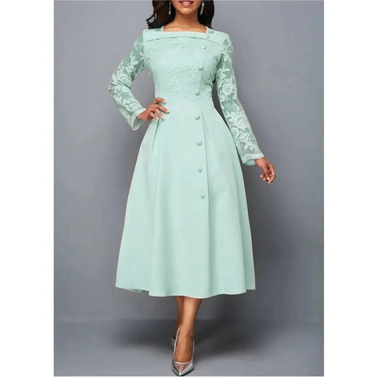 Dresses for women elegant Long Sleeve Lace Stitching High Waist big hem mid-length Oversized Dresses For Women