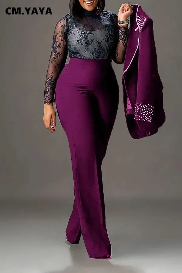 Pearl Splicing Women'S Set Long Sleeve Blazer and Wide Leg Pants Suit 2 Piece Set Outfit