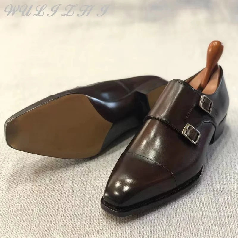Men'S Brown Cowhide Flat Soled Formal Leather Shoes Trendy Double Button Square Toe Banquet Leather Business Oxford Shoes