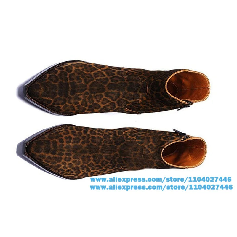 Men'S Leopard Print Chelsea Boots Pointed Suede Booties Men Classic Designer Men'S Boots Luxury Brand Handmade Men Shoes Botas