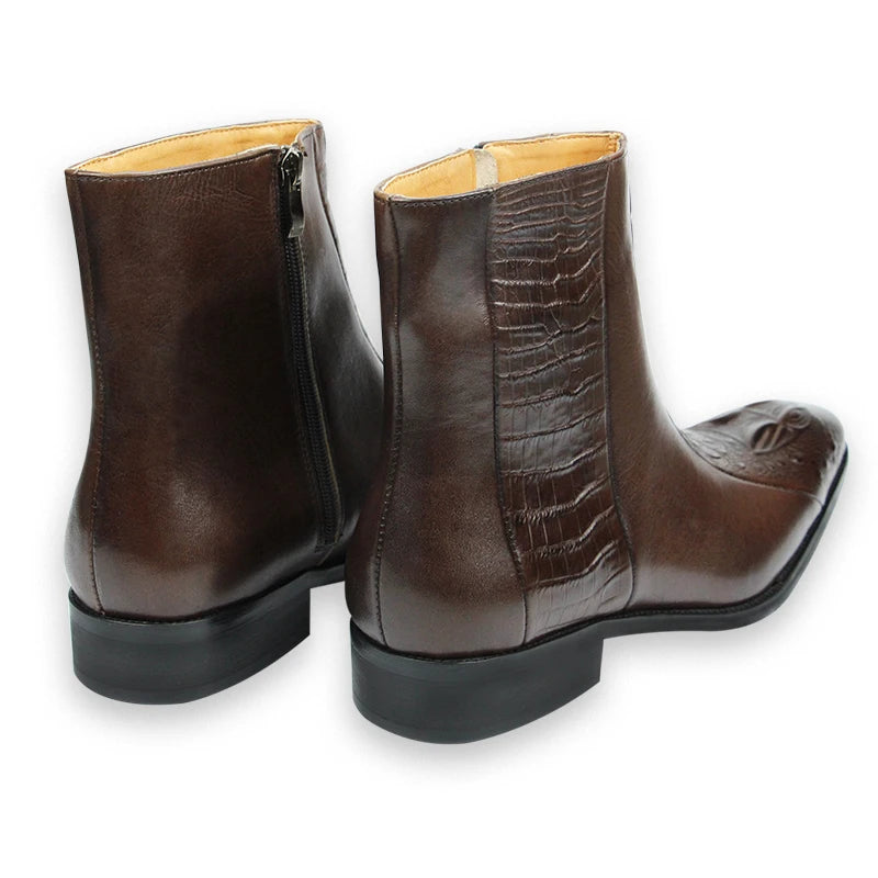 Elegant Mens Dress Boots Handmade Genuine Cow Leather Crocodile Skin Printing Zipper Luxury Design Autumn Casual Shoes for Men