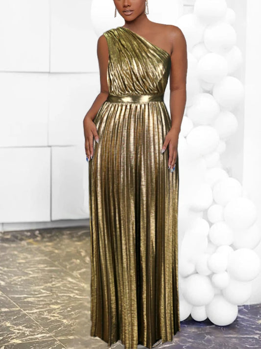 Elegant Women Evening Dresses Luxury Maxi Long Metallic Pleated Dress One Shoulder Sleeveless Premium Shiny Shimmer Gowns Big Size