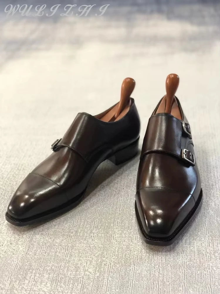 Men'S Brown Cowhide Flat Soled Formal Leather Shoes Trendy Double Button Square Toe Banquet Leather Business Oxford Shoes