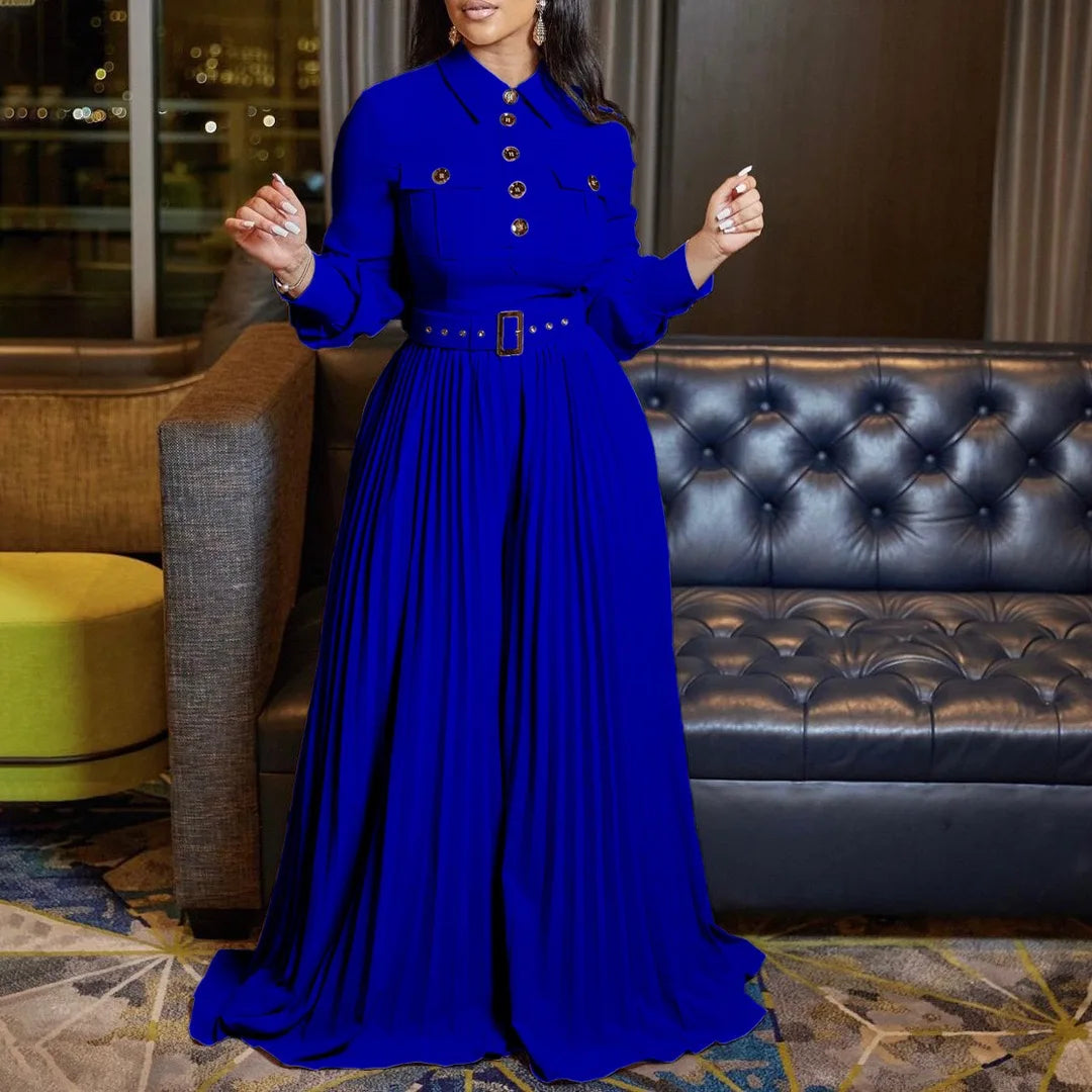 Luxury Pleated Jumpsuits for Women Turn Down Collar Single Breasted Full Sleeve Belt Waisted Floor Length Elegant Party Outfits