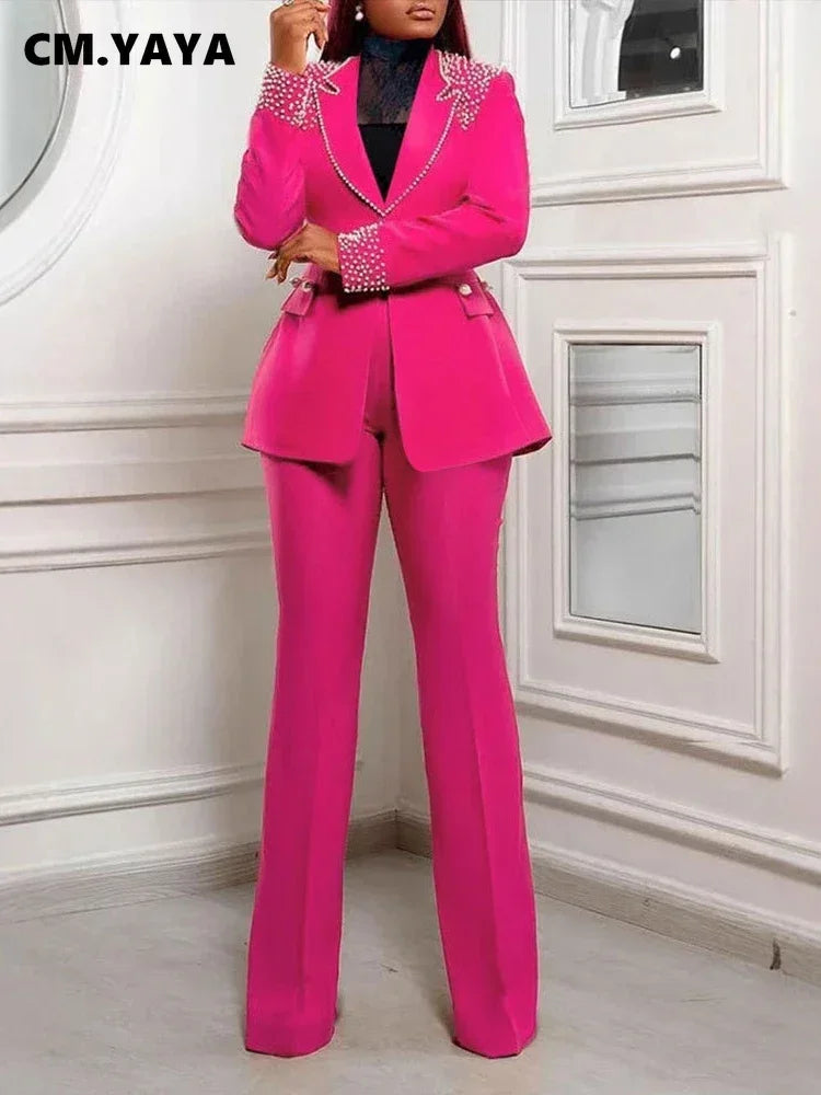 Pearl Splicing Women'S Set Long Sleeve Blazer and Wide Leg Pants Suit 2 Piece Set Outfit
