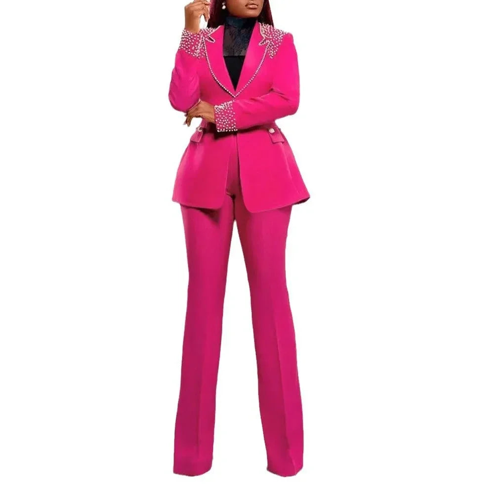 Pearl Splicing Women'S Set Long Sleeve Blazer and Wide Leg Pants Suit 2 Piece Set Outfit