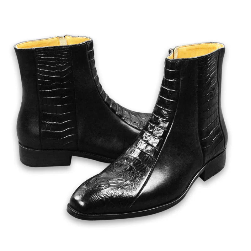 Elegant Mens Dress Boots Handmade Genuine Cow Leather Crocodile Skin Printing Zipper Luxury Design Autumn Casual Shoes for Men