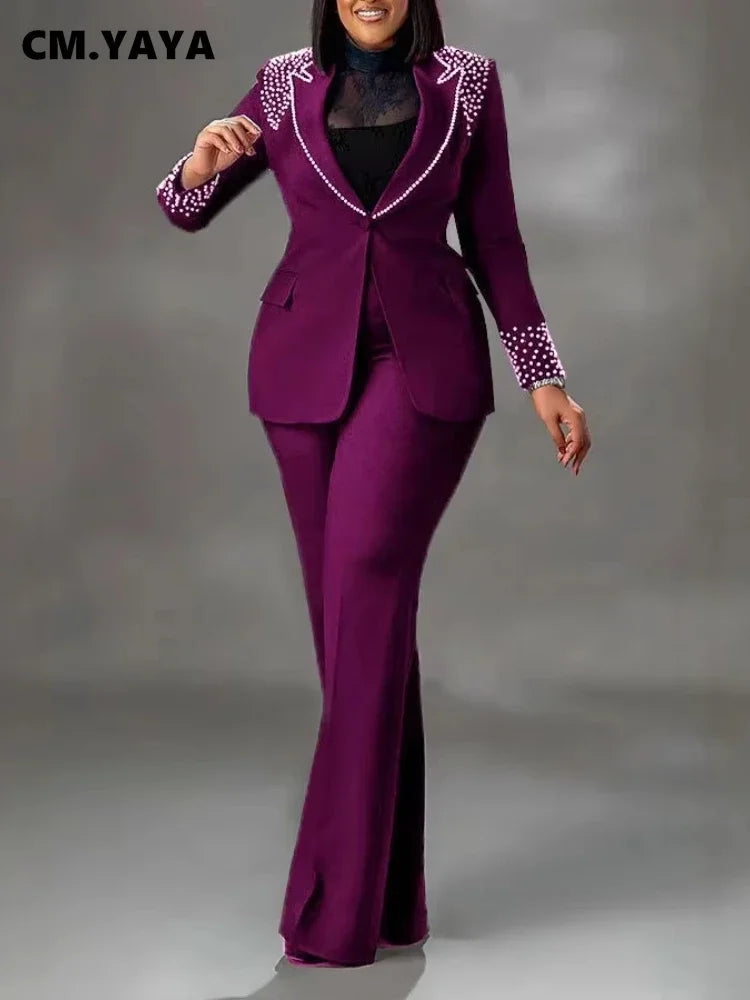 Pearl Splicing Women'S Set Long Sleeve Blazer and Wide Leg Pants Suit 2 Piece Set Outfit