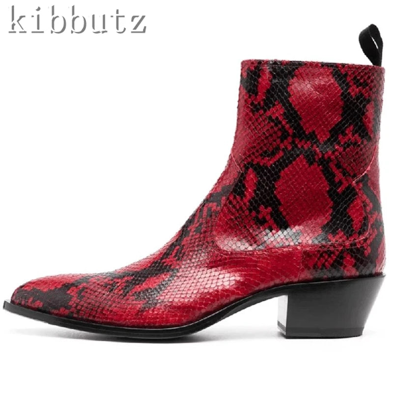 Luxury Brand Men'S Chelsea Boots Genuine Leather Snake Patterned Pointed Toe High Heels Side Zipper Cowhide Ankle Boots