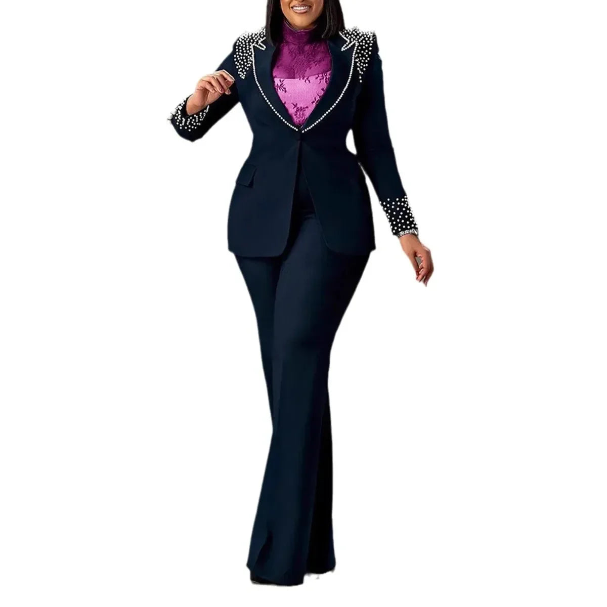 Pearl Splicing Women'S Set Long Sleeve Blazer and Wide Leg Pants Suit 2 Piece Set Outfit