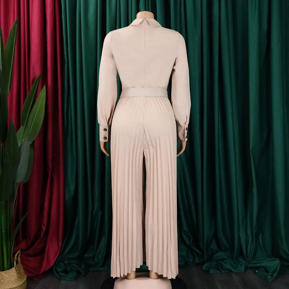 Luxury Pleated Jumpsuits for Women Turn Down Collar Single Breasted Full Sleeve Belt Waisted Floor Length Elegant Party Outfits
