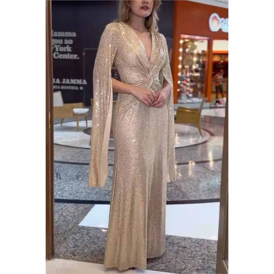 Autumn Winter Luxurious Sexy Sequins Cocktail Party Dress Prom Gown Cloak Sleeve V Neck Folds Corset Evening Floor Length Dress
