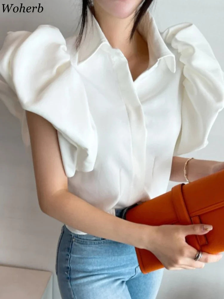 Puff Sleeve Elegant Shirt White Black All Match Blouse Turn Down Collar Office Ladies Blusa Female Casual Tops