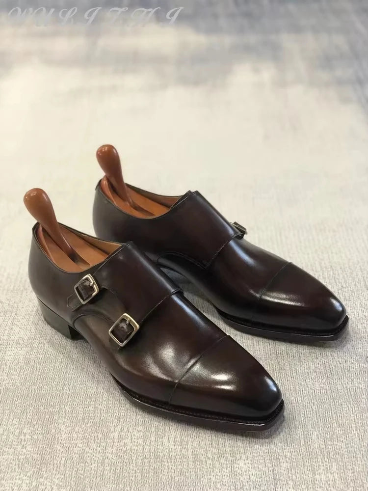 Men'S Brown Cowhide Flat Soled Formal Leather Shoes Trendy Double Button Square Toe Banquet Leather Business Oxford Shoes