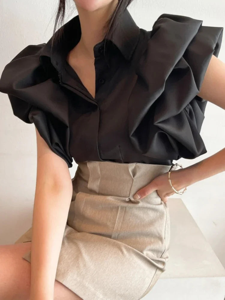 Puff Sleeve Elegant Shirt White Black All Match Blouse Turn Down Collar Office Ladies Blusa Female Casual Tops