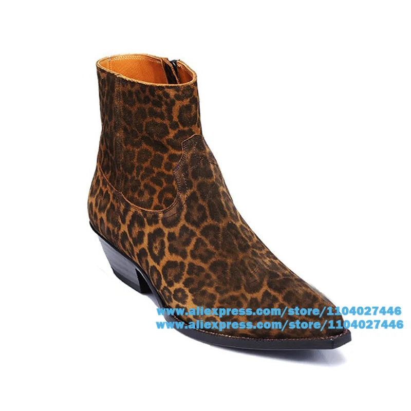 Men'S Leopard Print Chelsea Boots Pointed Suede Booties Men Classic Designer Men'S Boots Luxury Brand Handmade Men Shoes Botas