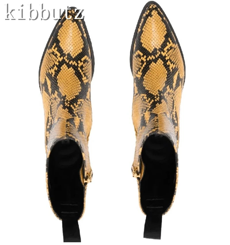 Luxury Brand Men'S Chelsea Boots Genuine Leather Snake Patterned Pointed Toe High Heels Side Zipper Cowhide Ankle Boots