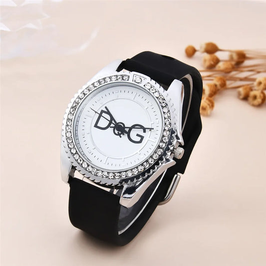 Luxury Brand D&G Women's Watch Leather Strap Rhinestone Inlay Dial Fashion Quartz Watch for Women Gift Clock