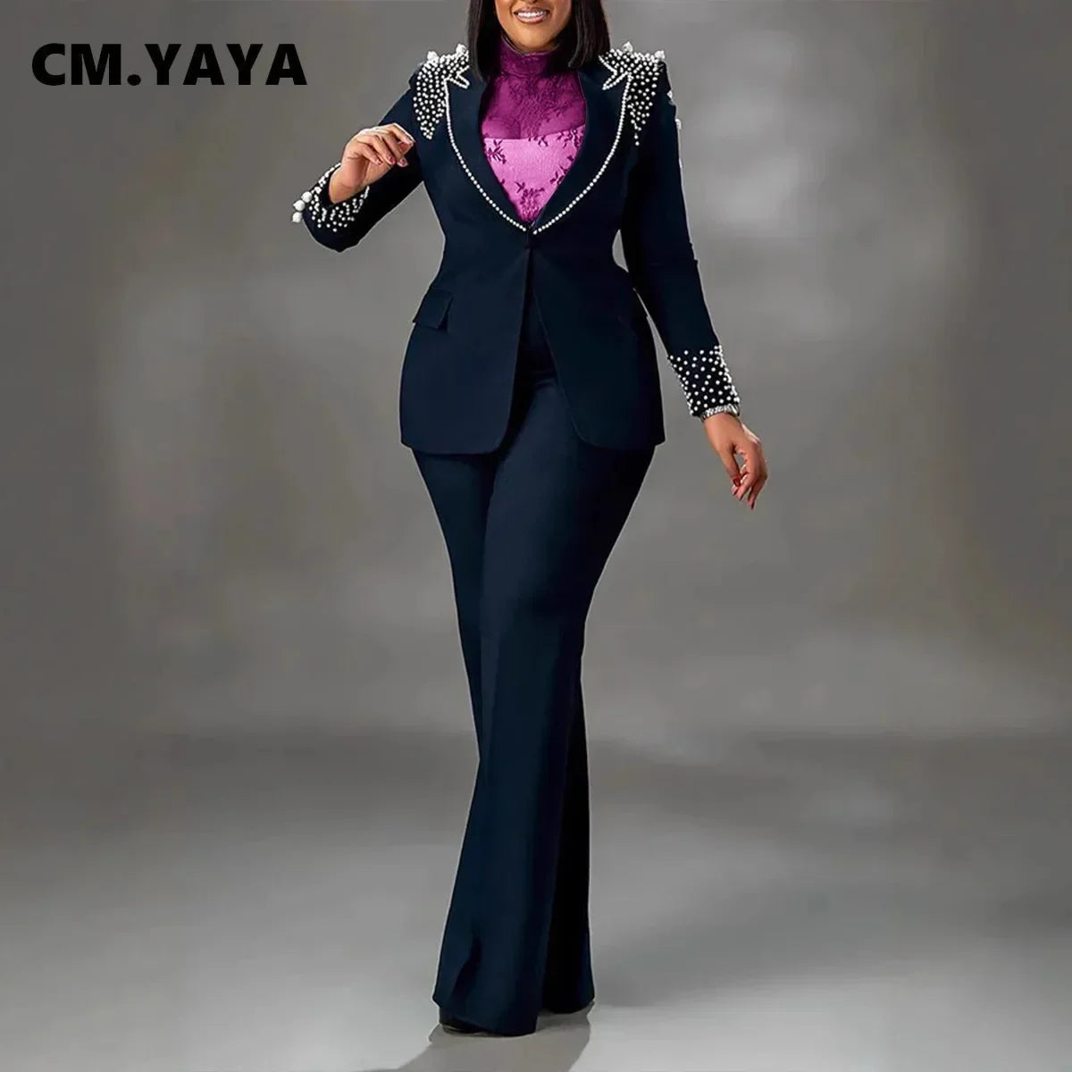 Pearl Splicing Women'S Set Long Sleeve Blazer and Wide Leg Pants Suit 2 Piece Set Outfit